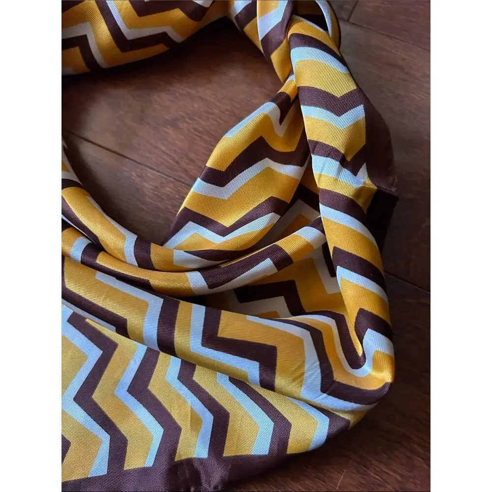 Vintage Jacques Piaget Zigzag Silky Scarf in Yellow, Brown & White
